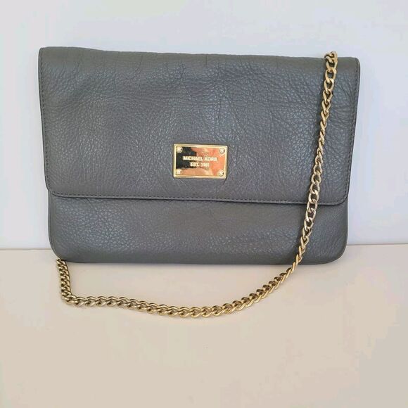 Michael Kors Gray Soft Leather Envelope Bag Chain Medium Flap Shoulder Purse - Picture 1 of 9